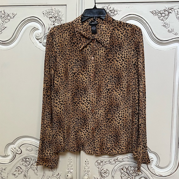 Women's Leopard Long sleeve 100% silk blouse - Size L - Picture 1 of 7